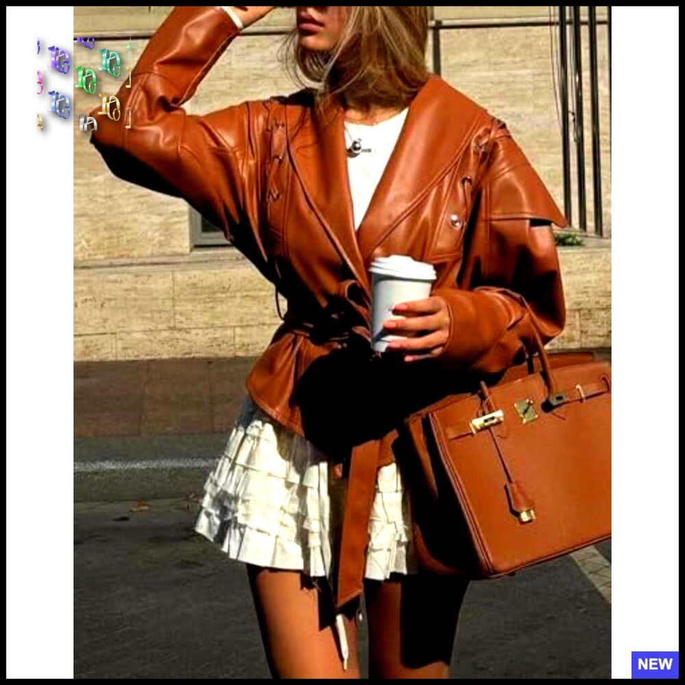 Oversized Faux Leather Jacket Lace Up Belted Motorcycle Bomber Chic Y2K - Picture 3 of 7